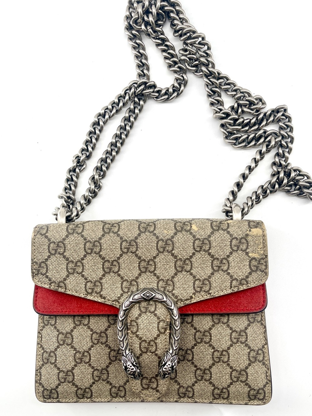 Gucci Beige GG Supreme Crossbody with Red Suede Trim and Silver Chain